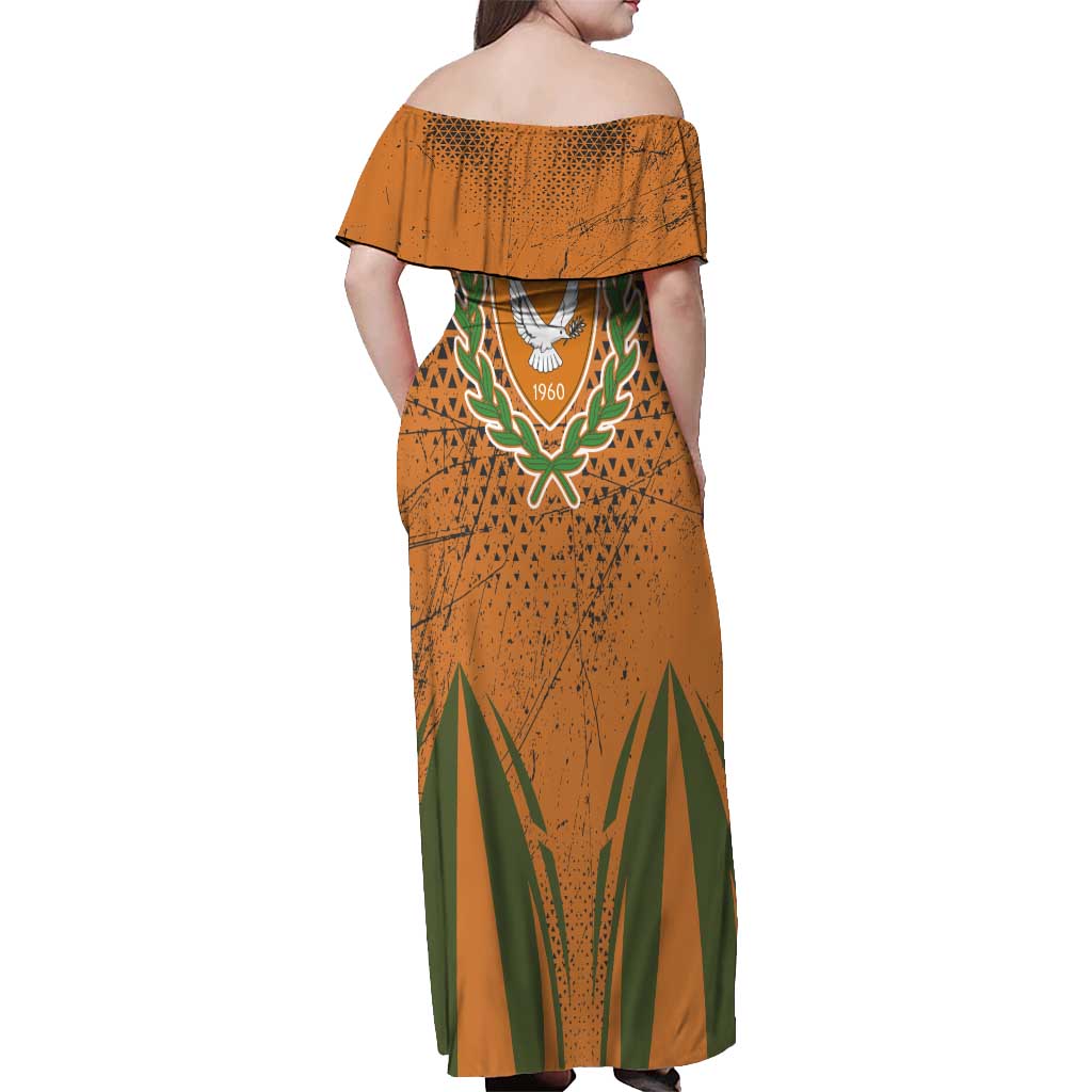 Cyprus Off Shoulder Maxi Dress with Orange Green Grunge Design and Peace Dove Emblem - Wonder Print Shop