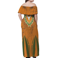 Cyprus Off Shoulder Maxi Dress with Orange Green Grunge Design and Peace Dove Emblem - Wonder Print Shop