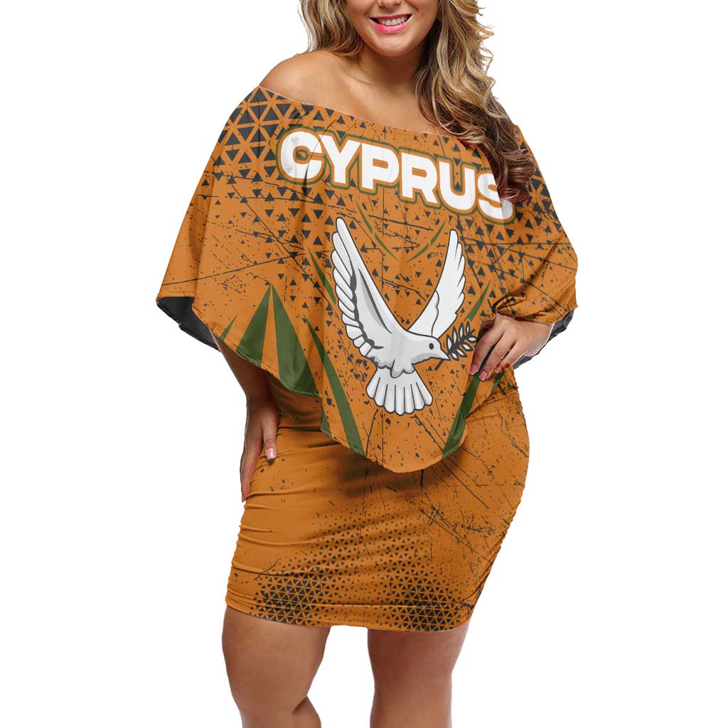 Cyprus Off Shoulder Short Dress with Orange Green Grunge Design and Peace Dove Emblem - Wonder Print Shop