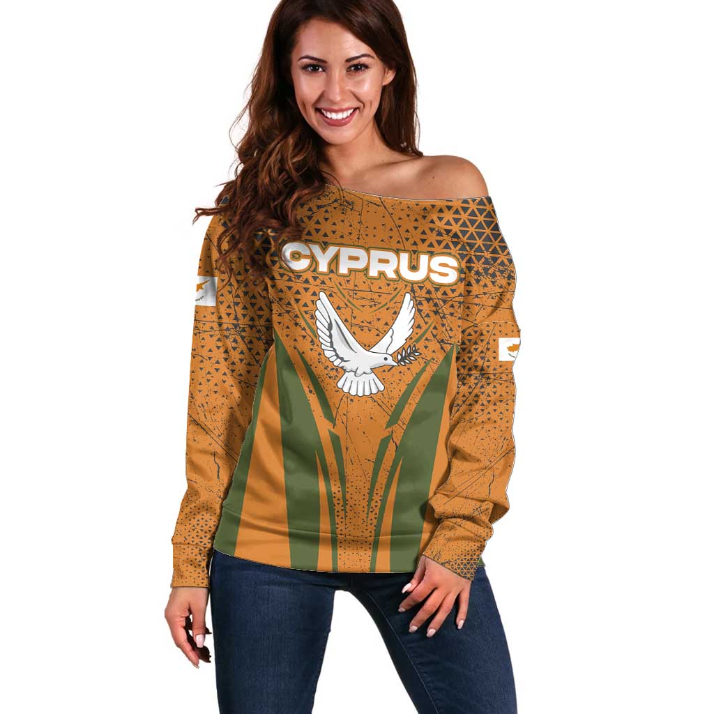 Cyprus Off Shoulder Sweater with Orange Green Grunge Design and Peace Dove Emblem - Wonder Print Shop