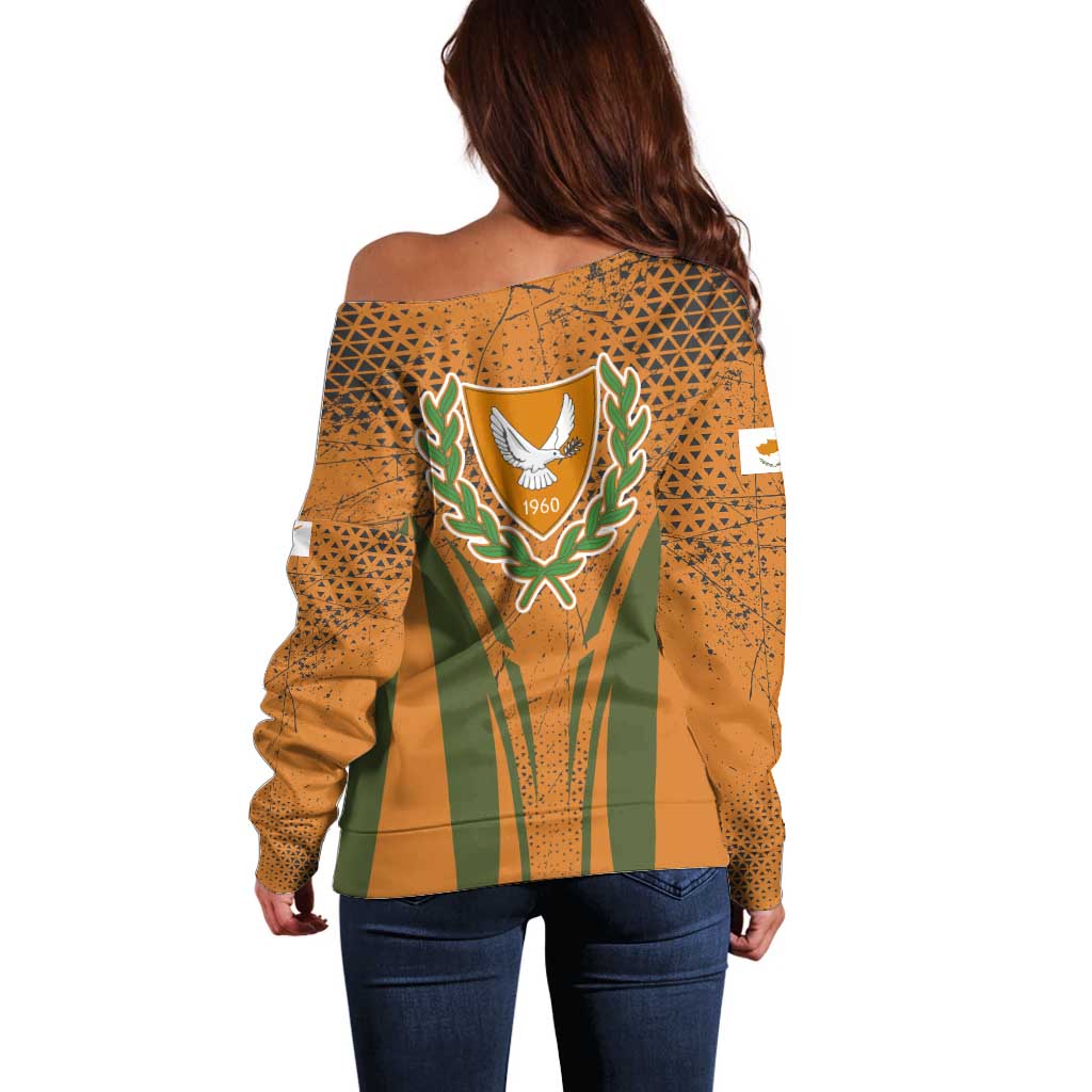 Cyprus Off Shoulder Sweater with Orange Green Grunge Design and Peace Dove Emblem - Wonder Print Shop