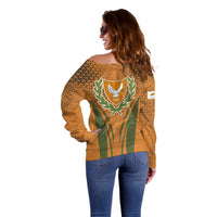 Cyprus Off Shoulder Sweater with Orange Green Grunge Design and Peace Dove Emblem - Wonder Print Shop