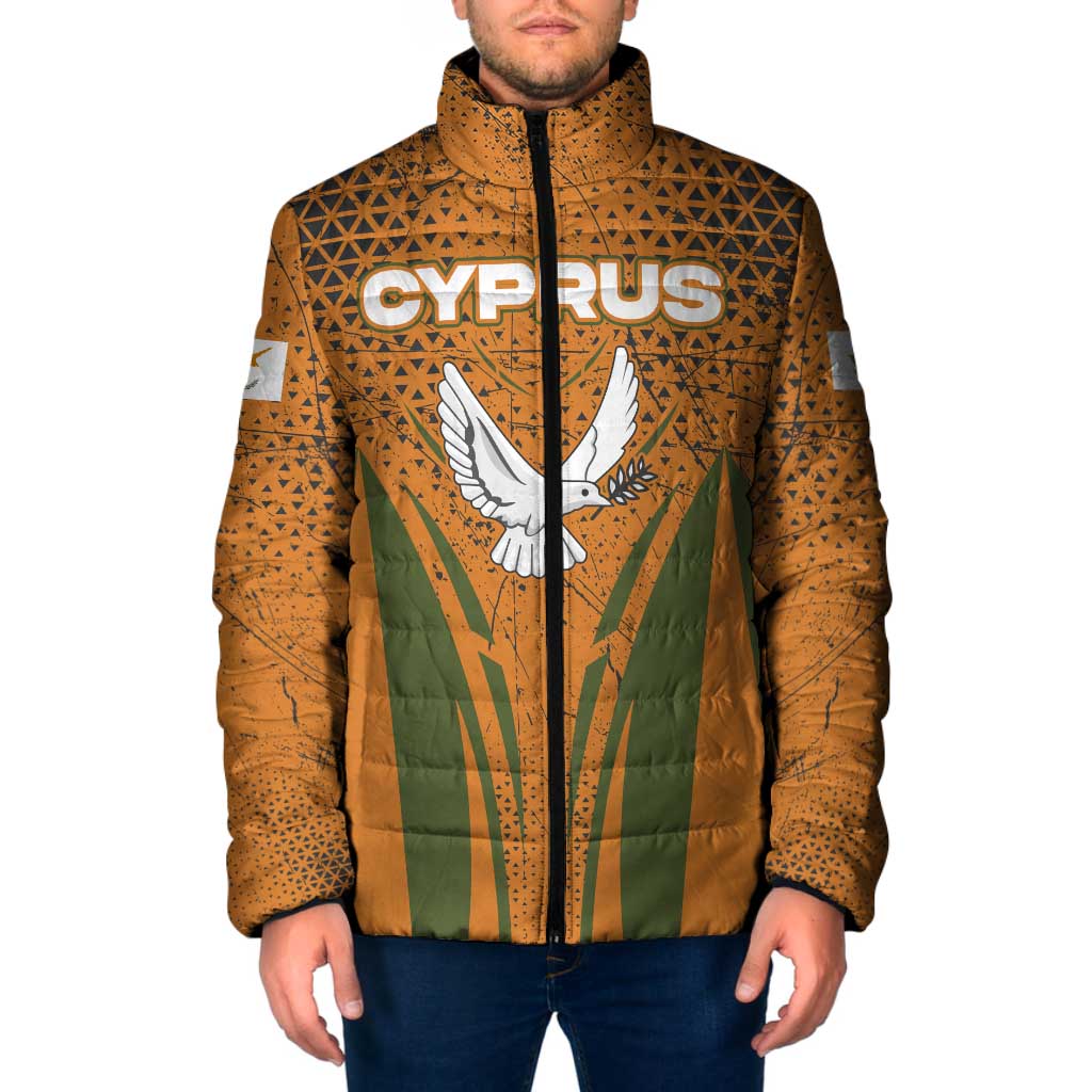 Cyprus Padded Jacket with Orange Green Grunge Design and Peace Dove Emblem - Wonder Print Shop
