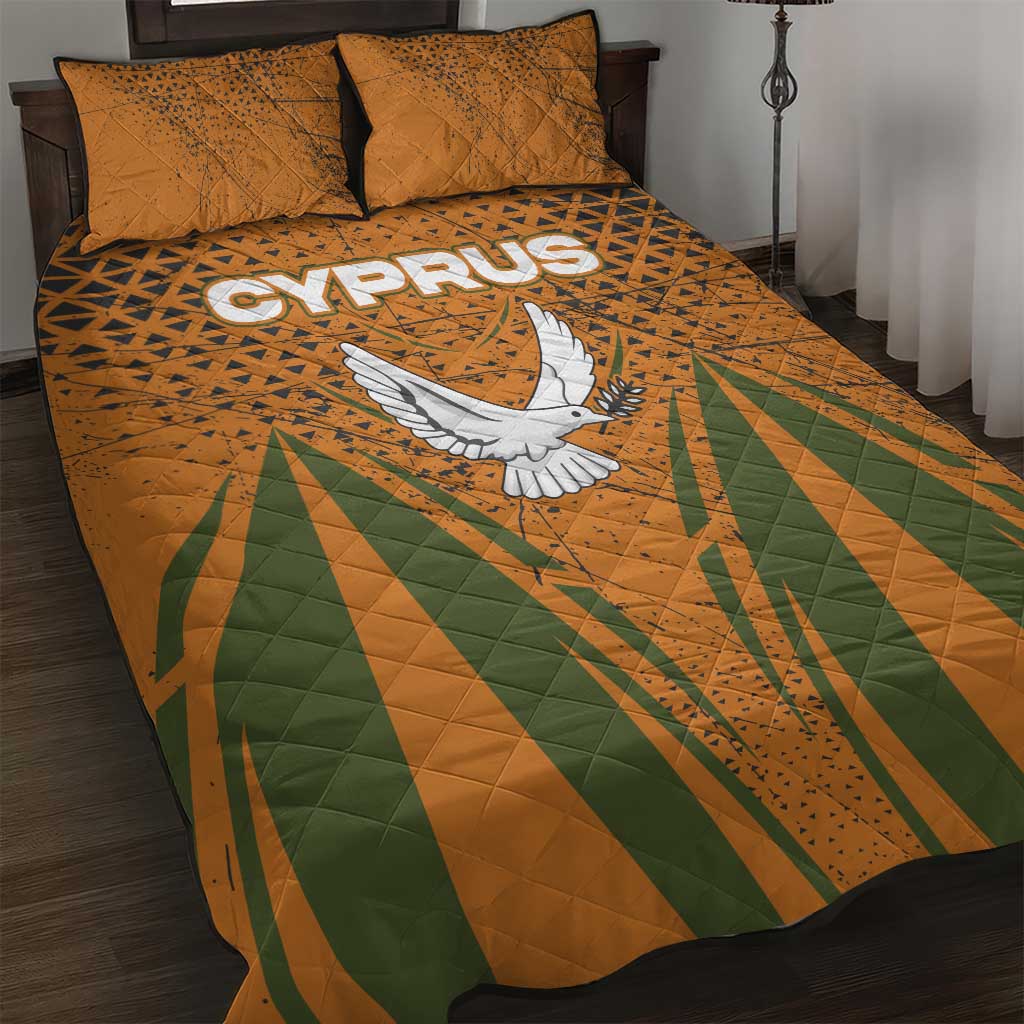 Cyprus Quilt Bed Set with Orange Green Grunge Design and Peace Dove Emblem - Wonder Print Shop