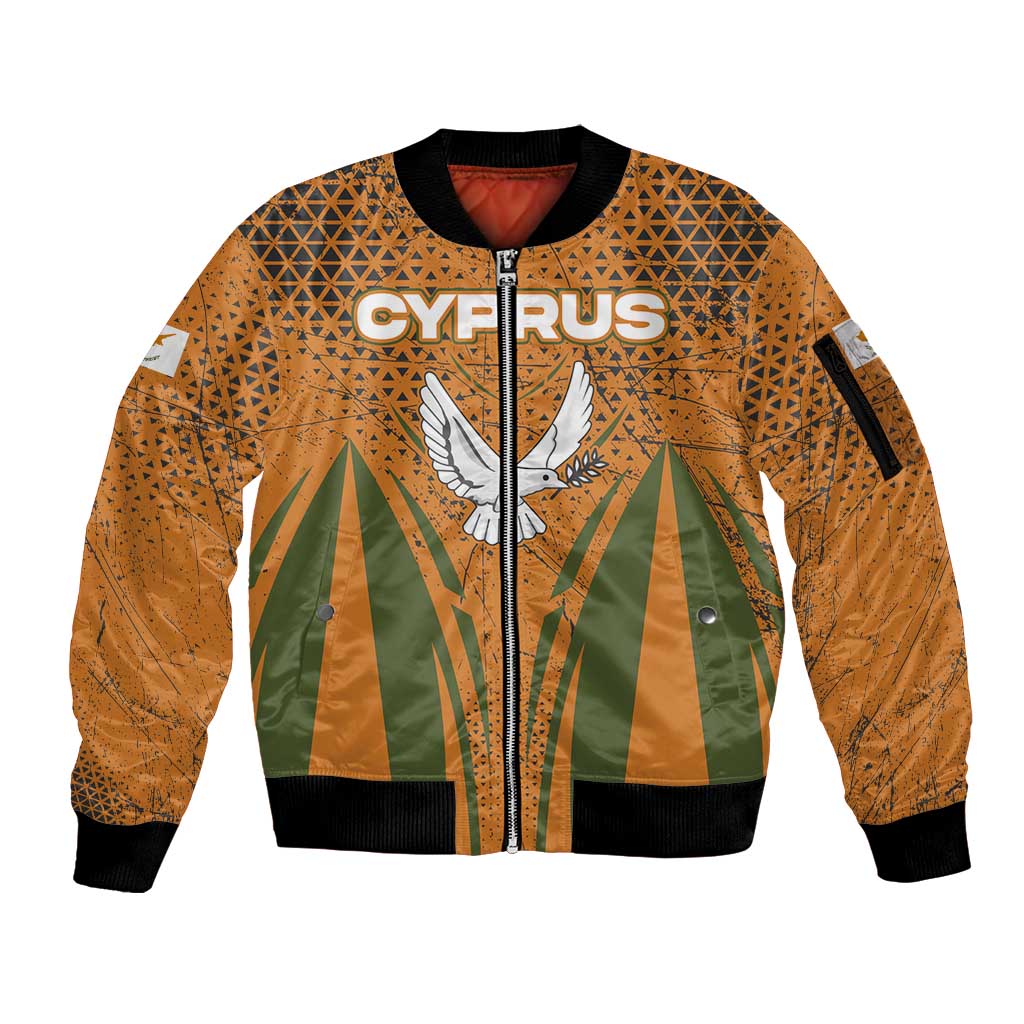 Cyprus Sleeve Zip Bomber Jacket with Orange Green Grunge Design and Peace Dove Emblem - Wonder Print Shop