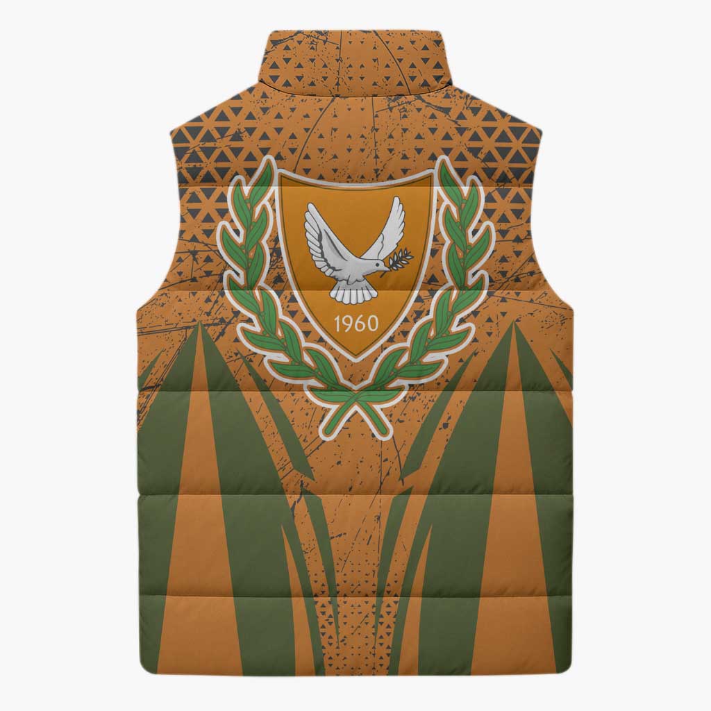 Cyprus Sleeveless Puffer Jacket with Orange Green Grunge Design and Peace Dove Emblem - Wonder Print Shop