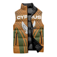 Cyprus Sleeveless Puffer Jacket with Orange Green Grunge Design and Peace Dove Emblem - Wonder Print Shop