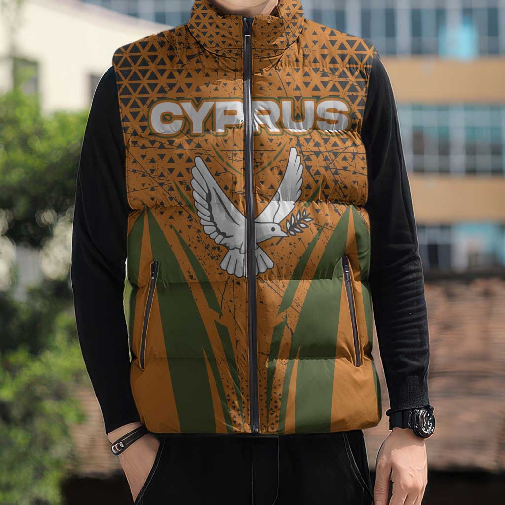 Cyprus Sleeveless Puffer Jacket with Orange Green Grunge Design and Peace Dove Emblem - Wonder Print Shop