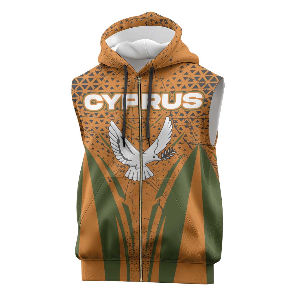 Cyprus Sleeveless Zip Hoodie with Orange Green Grunge Design and Peace Dove Emblem - Wonder Print Shop