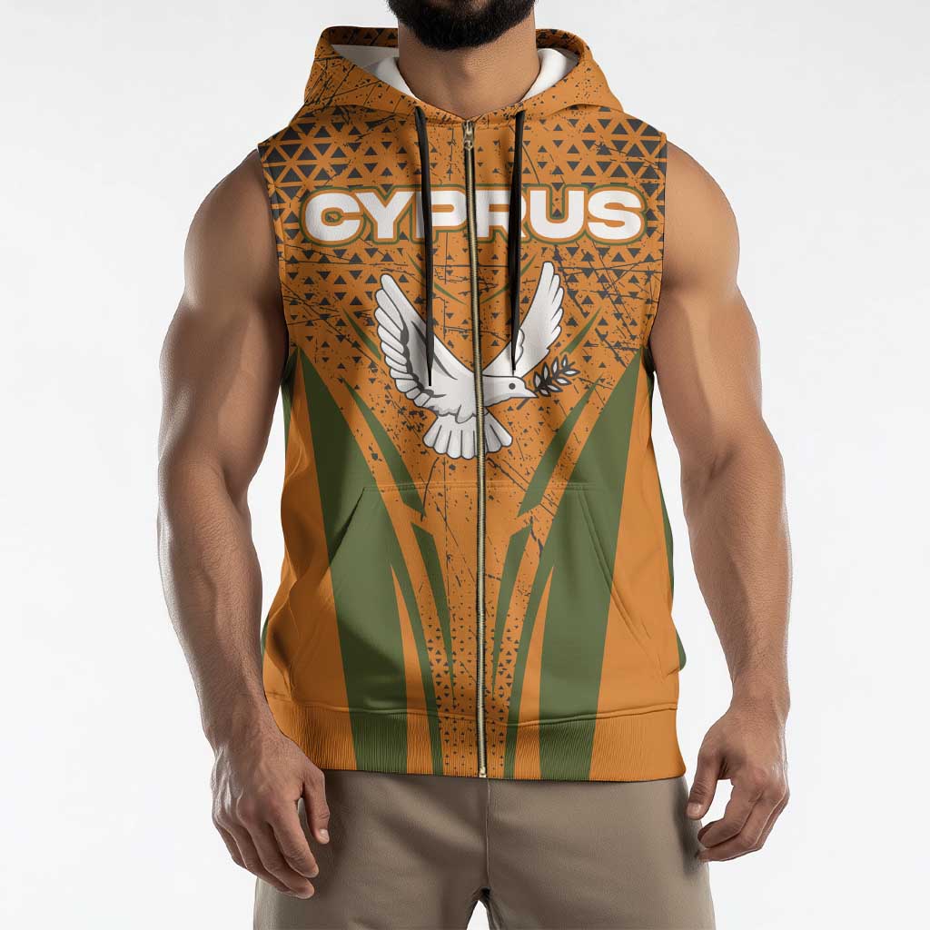 Cyprus Sleeveless Zip Hoodie with Orange Green Grunge Design and Peace Dove Emblem - Wonder Print Shop