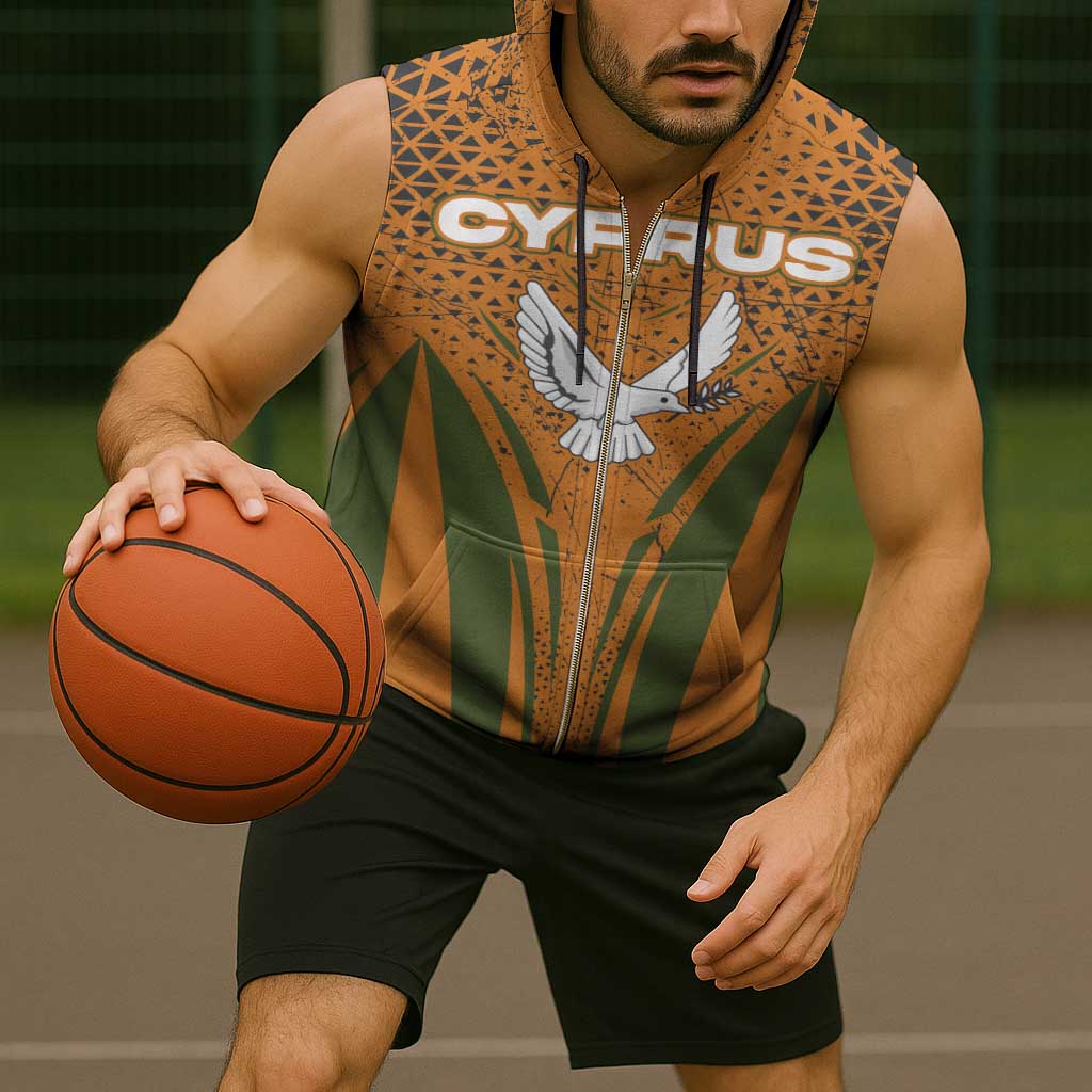 Cyprus Sleeveless Zip Hoodie with Orange Green Grunge Design and Peace Dove Emblem - Wonder Print Shop