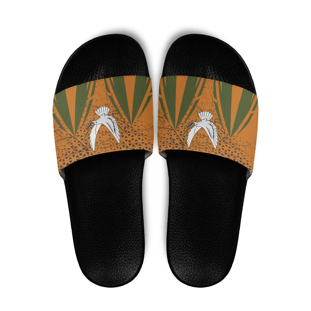 Cyprus Slide Sandals with Orange Green Grunge Design and Peace Dove Emblem - Wonder Print Shop