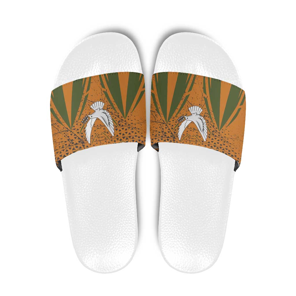 Cyprus Slide Sandals with Orange Green Grunge Design and Peace Dove Emblem - Wonder Print Shop
