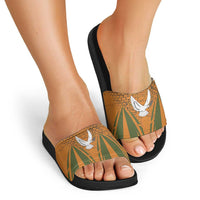 Cyprus Slide Sandals with Orange Green Grunge Design and Peace Dove Emblem - Wonder Print Shop