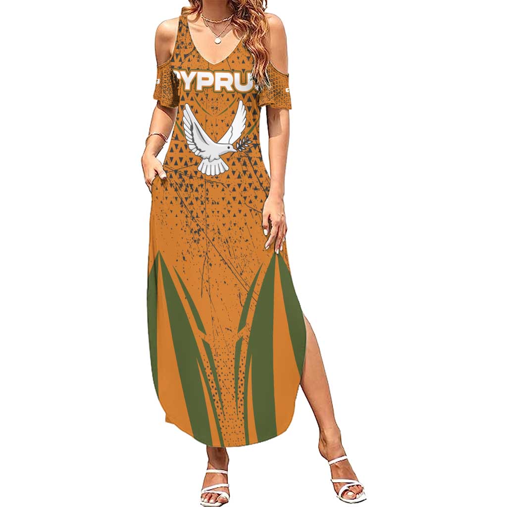 Cyprus Summer Maxi Dress with Orange Green Grunge Design and Peace Dove Emblem - Wonder Print Shop
