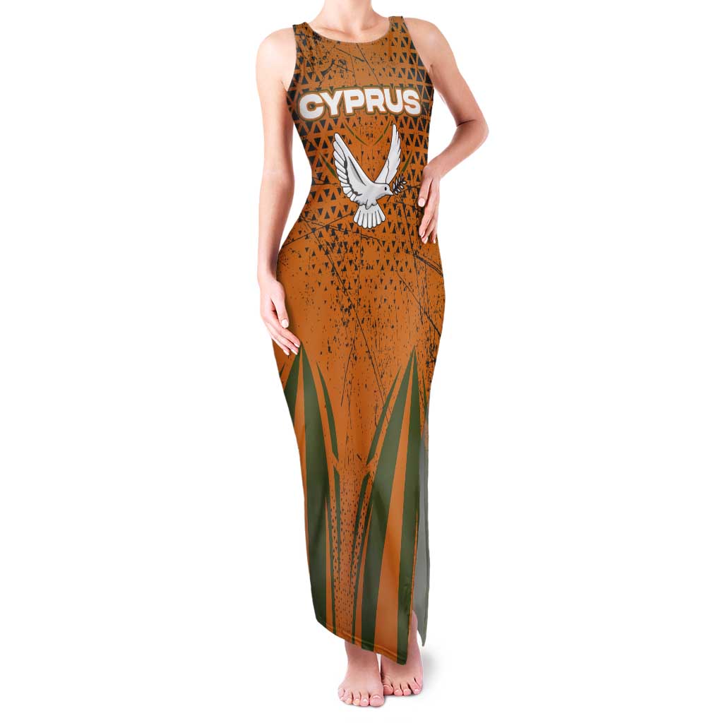 Cyprus Tank Maxi Dress with Orange Green Grunge Design and Peace Dove Emblem - Wonder Print Shop