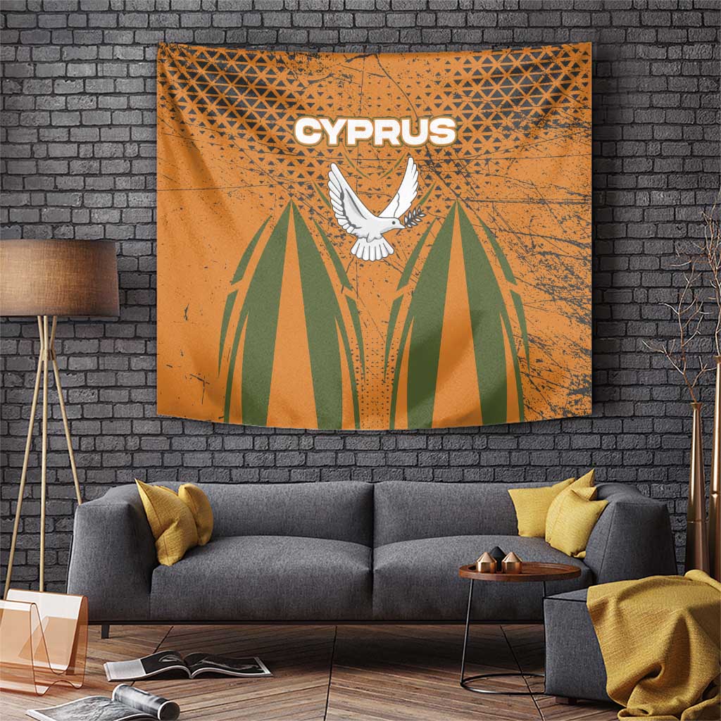 Cyprus Tapestry with Orange Green Grunge Design and Peace Dove Emblem - Wonder Print Shop