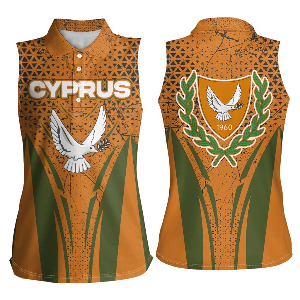 Cyprus Women Sleeveless Polo Shirt with Orange Green Grunge Design and Peace Dove Emblem - Wonder Print Shop
