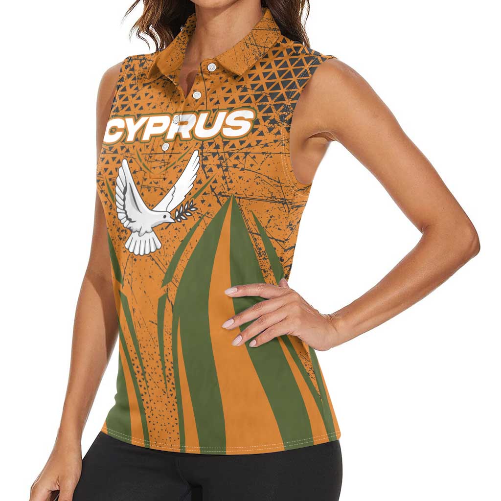 Cyprus Women Sleeveless Polo Shirt with Orange Green Grunge Design and Peace Dove Emblem - Wonder Print Shop