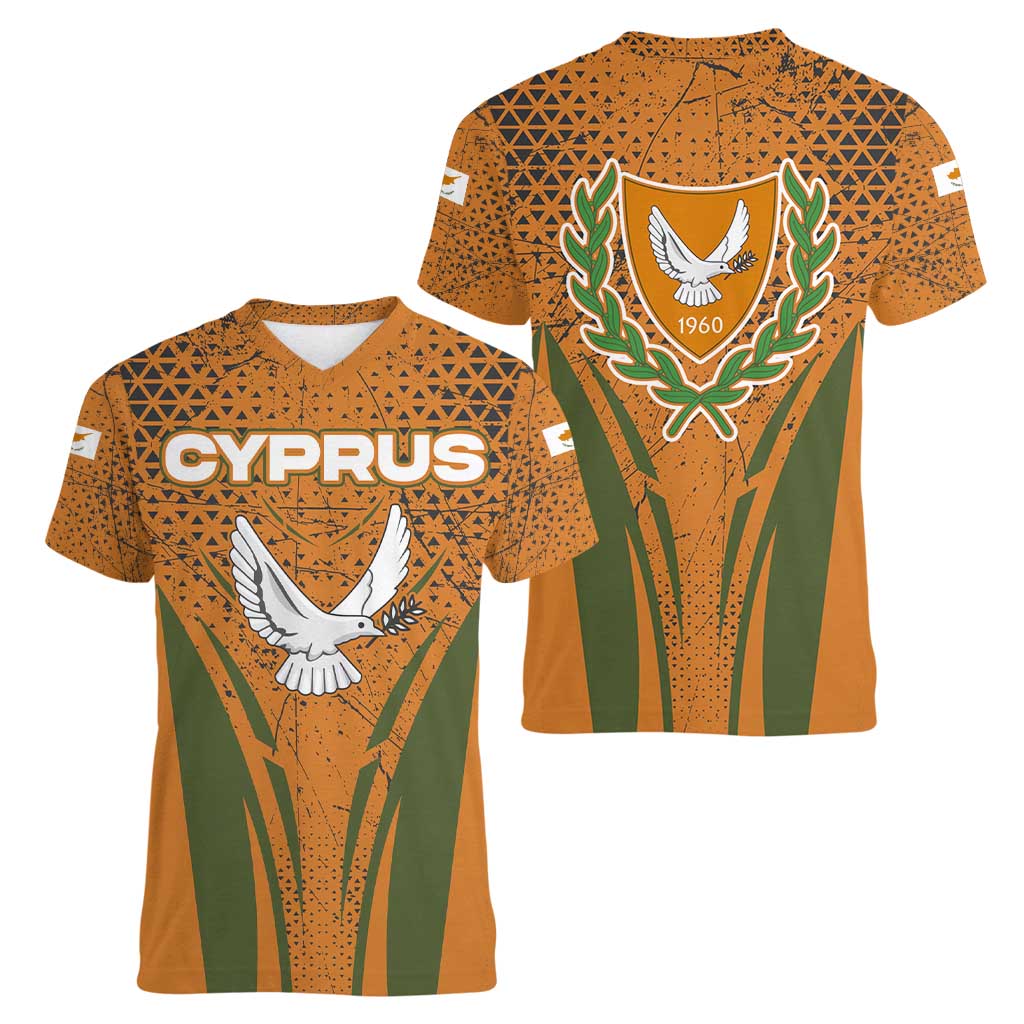 Cyprus Women V-Neck T-Shirt with Orange Green Grunge Design and Peace Dove Emblem - Wonder Print Shop