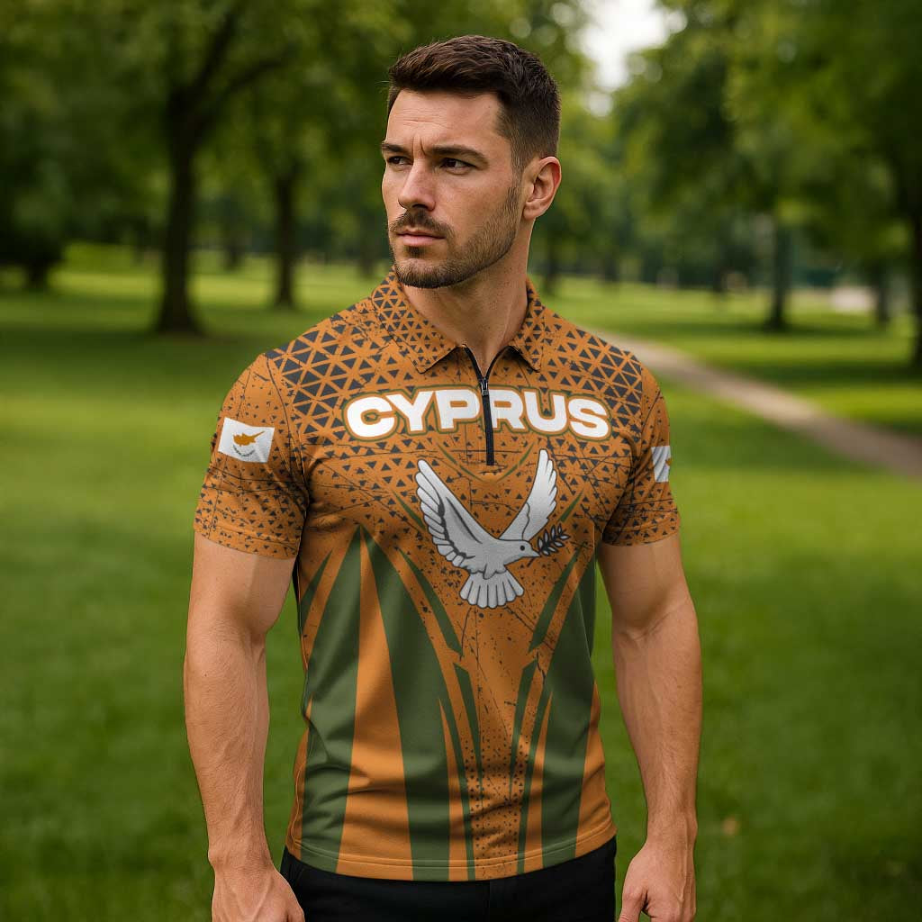 Cyprus Zipper Polo Shirt with Orange Green Grunge Design and Peace Dove Emblem - Wonder Print Shop