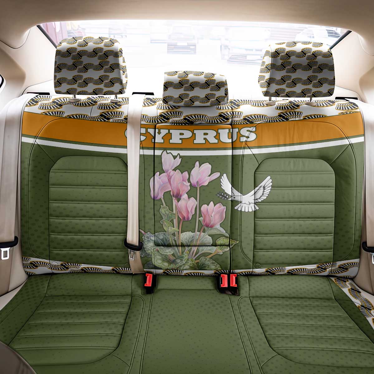 Cyprus Back Car Seat Cover with Cyclamen Flower Illustration Design and National Emblem - Wonder Print Shop