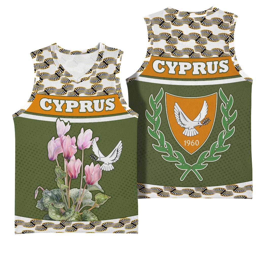 Cyprus Basketball Jersey with Cyclamen Flower Illustration Design and National Emblem - Wonder Print Shop