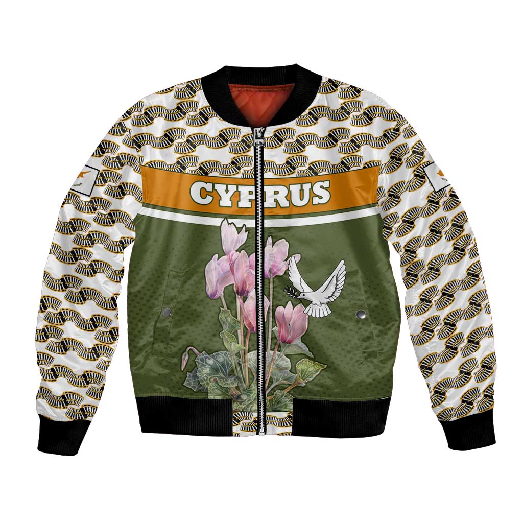 Cyprus Bomber Jacket with Cyclamen Flower Illustration Design and National Emblem - Wonder Print Shop