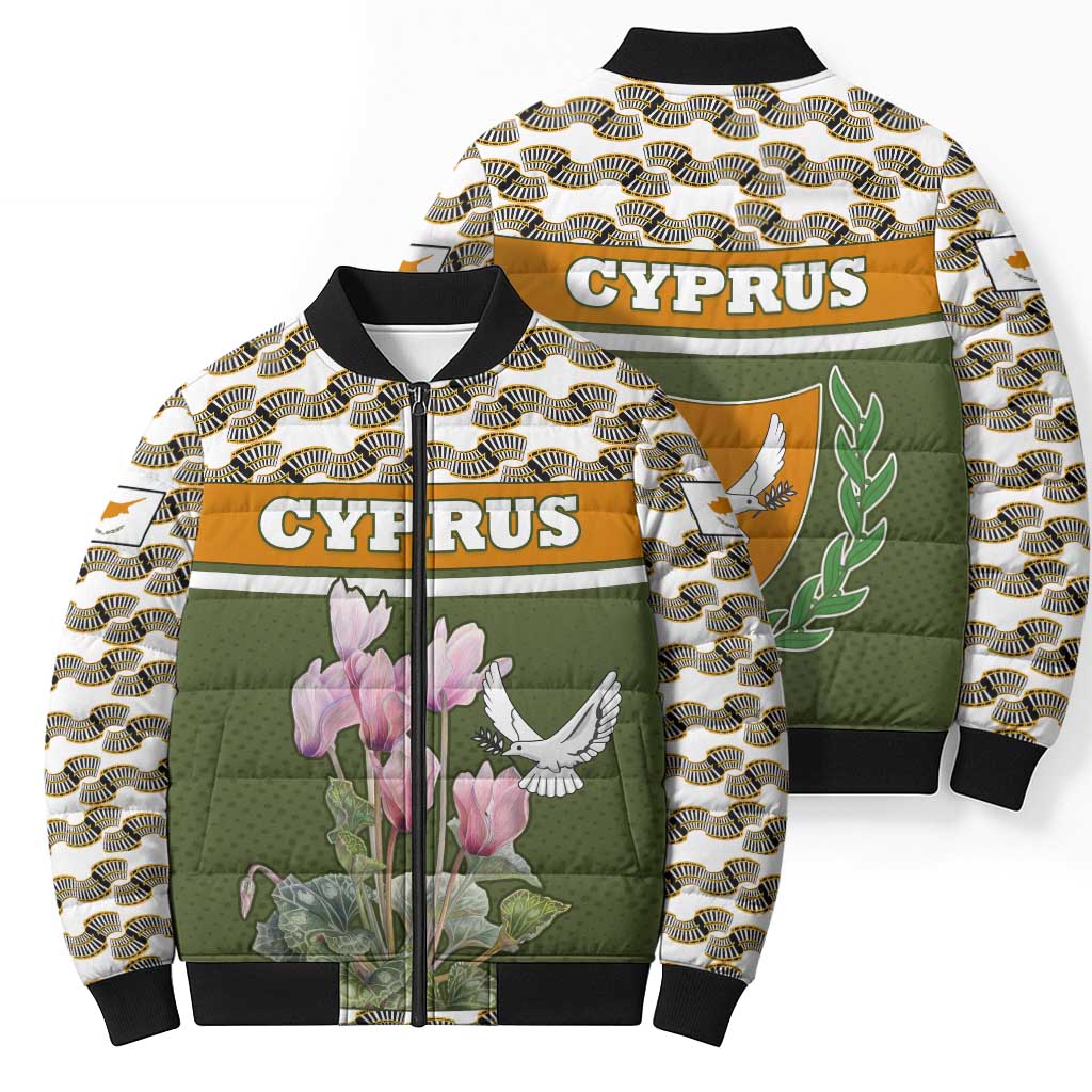 Cyprus Bomber Puffer Jacket with Cyclamen Flower Illustration Design and National Emblem - Wonder Print Shop