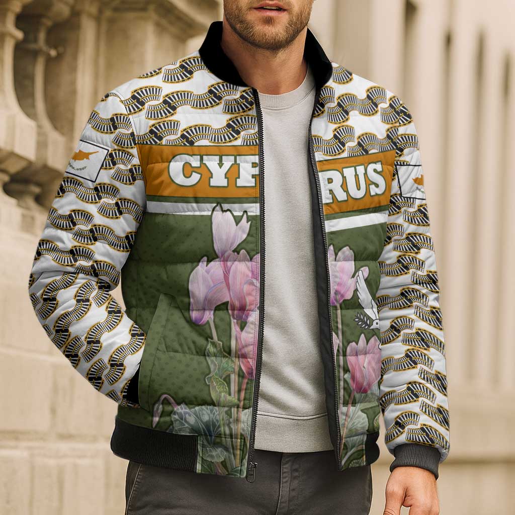 Cyprus Bomber Puffer Jacket with Cyclamen Flower Illustration Design and National Emblem - Wonder Print Shop