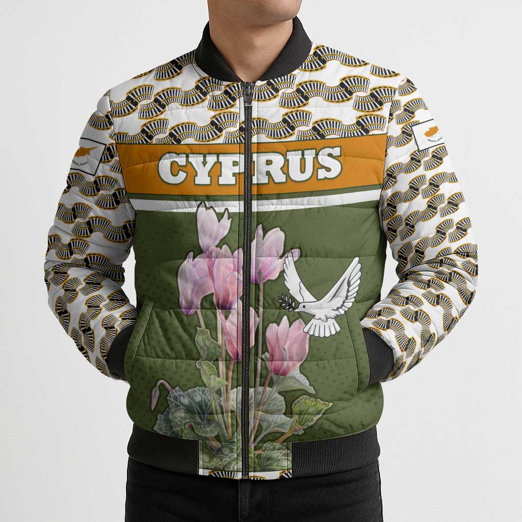 Cyprus Bomber Puffer Jacket with Cyclamen Flower Illustration Design and National Emblem - Wonder Print Shop