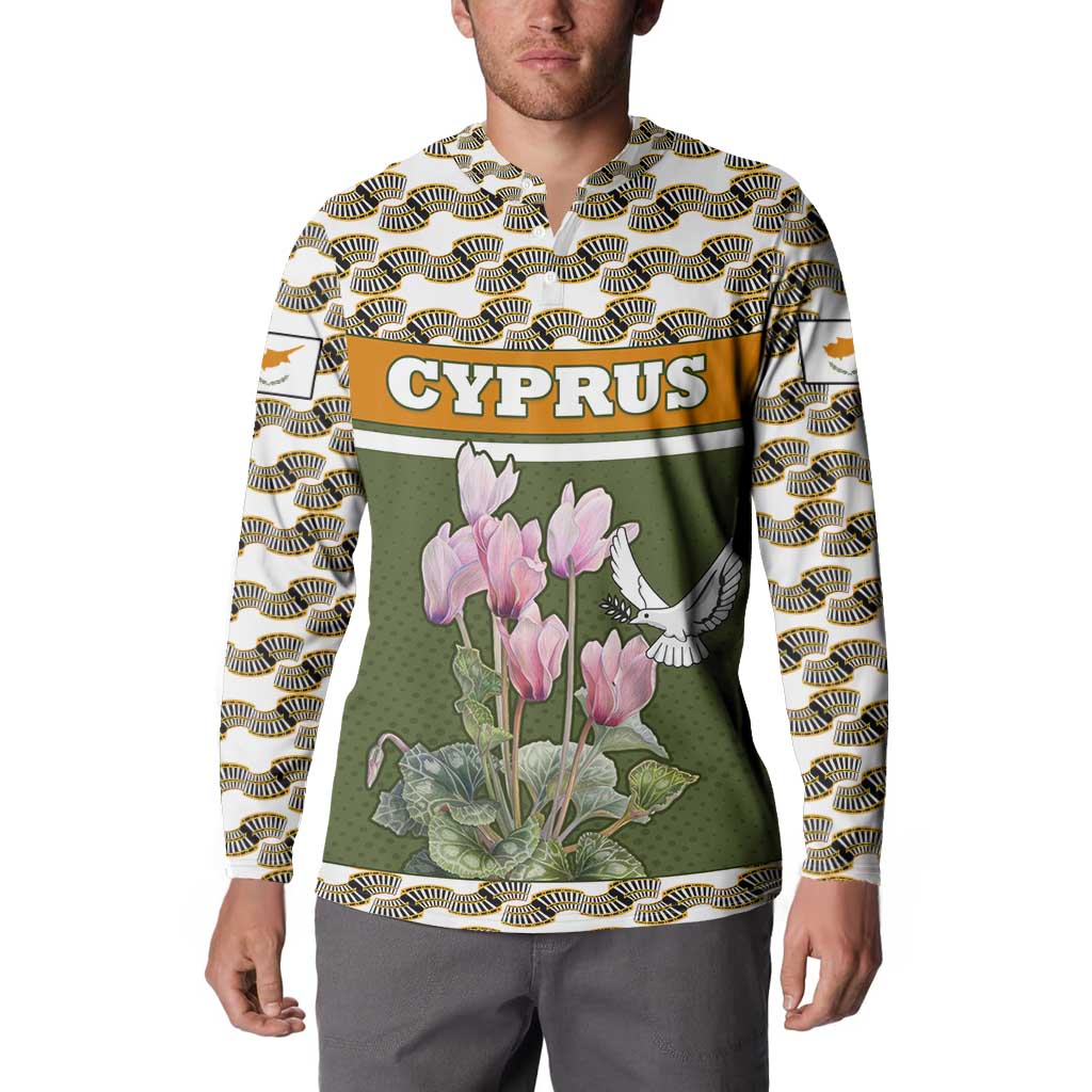 Cyprus Button Sweatshirt with Cyclamen Flower Illustration Design and National Emblem - Wonder Print Shop
