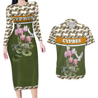 Cyprus Couples Matching Long Sleeve Bodycon Dress and Hawaiian Shirt with Cyclamen Flower Illustration Design and National Emblem - Wonder Print Shop