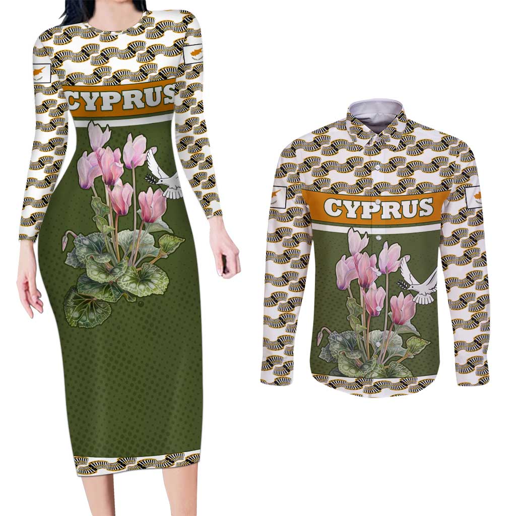 Cyprus Couples Matching Long Sleeve Bodycon Dress and Long Sleeve Button Shirt with Cyclamen Flower Illustration Design and National Emblem - Wonder Print Shop