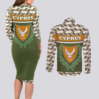 Cyprus Couples Matching Long Sleeve Bodycon Dress and Long Sleeve Button Shirt with Cyclamen Flower Illustration Design and National Emblem - Wonder Print Shop
