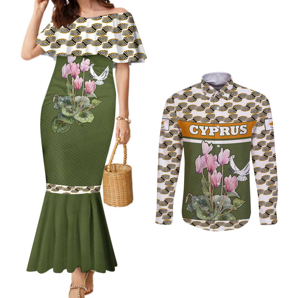 Cyprus Couples Matching Mermaid Dress and Long Sleeve Button Shirt with Cyclamen Flower Illustration Design and National Emblem - Wonder Print Shop