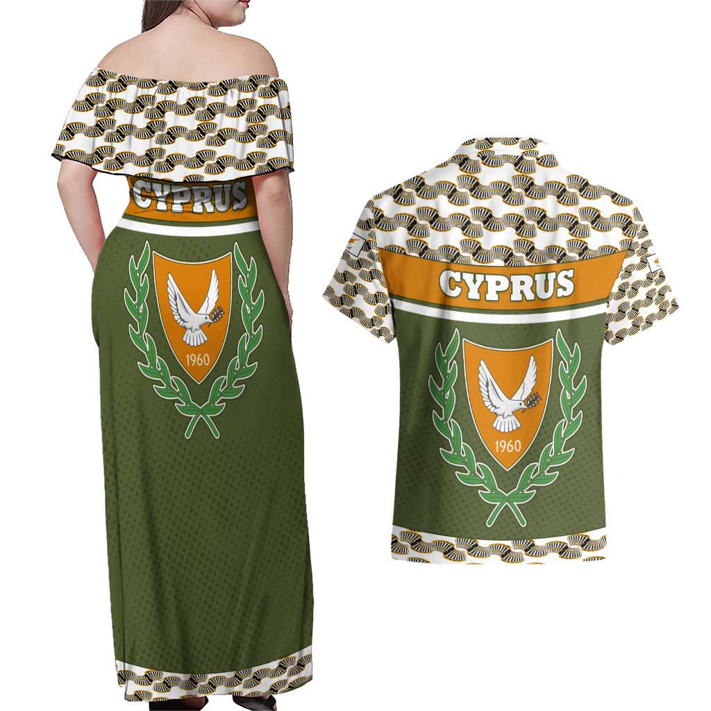 Cyprus Couples Matching Off Shoulder Maxi Dress and Hawaiian Shirt with Cyclamen Flower Illustration Design and National Emblem - Wonder Print Shop