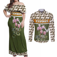 Cyprus Couples Matching Off Shoulder Maxi Dress and Long Sleeve Button Shirt with Cyclamen Flower Illustration Design and National Emblem - Wonder Print Shop