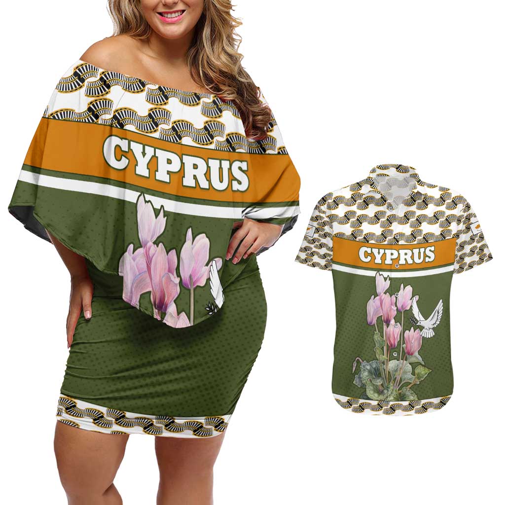 Cyprus Couples Matching Off Shoulder Short Dress and Hawaiian Shirt with Cyclamen Flower Illustration Design and National Emblem - Wonder Print Shop