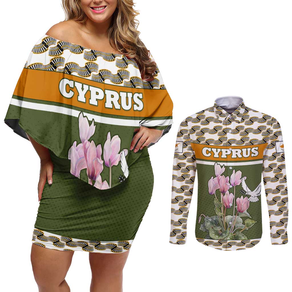 Cyprus Couples Matching Off Shoulder Short Dress and Long Sleeve Button Shirt with Cyclamen Flower Illustration Design and National Emblem - Wonder Print Shop