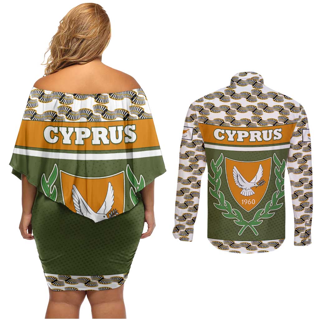 Cyprus Couples Matching Off Shoulder Short Dress and Long Sleeve Button Shirt with Cyclamen Flower Illustration Design and National Emblem - Wonder Print Shop