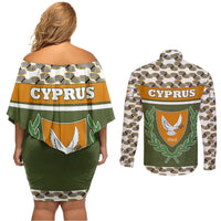 Cyprus Couples Matching Off Shoulder Short Dress and Long Sleeve Button Shirt with Cyclamen Flower Illustration Design and National Emblem - Wonder Print Shop