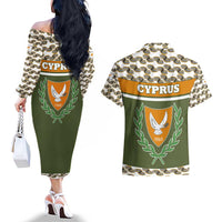 Cyprus Couples Matching Off The Shoulder Long Sleeve Dress and Hawaiian Shirt with Cyclamen Flower Illustration Design and National Emblem - Wonder Print Shop