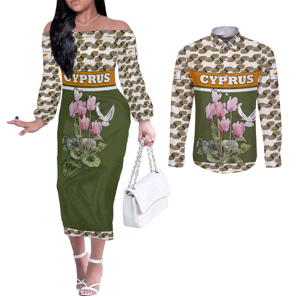 Cyprus Couples Matching Off The Shoulder Long Sleeve Dress and Long Sleeve Button Shirt with Cyclamen Flower Illustration Design and National Emblem - Wonder Print Shop