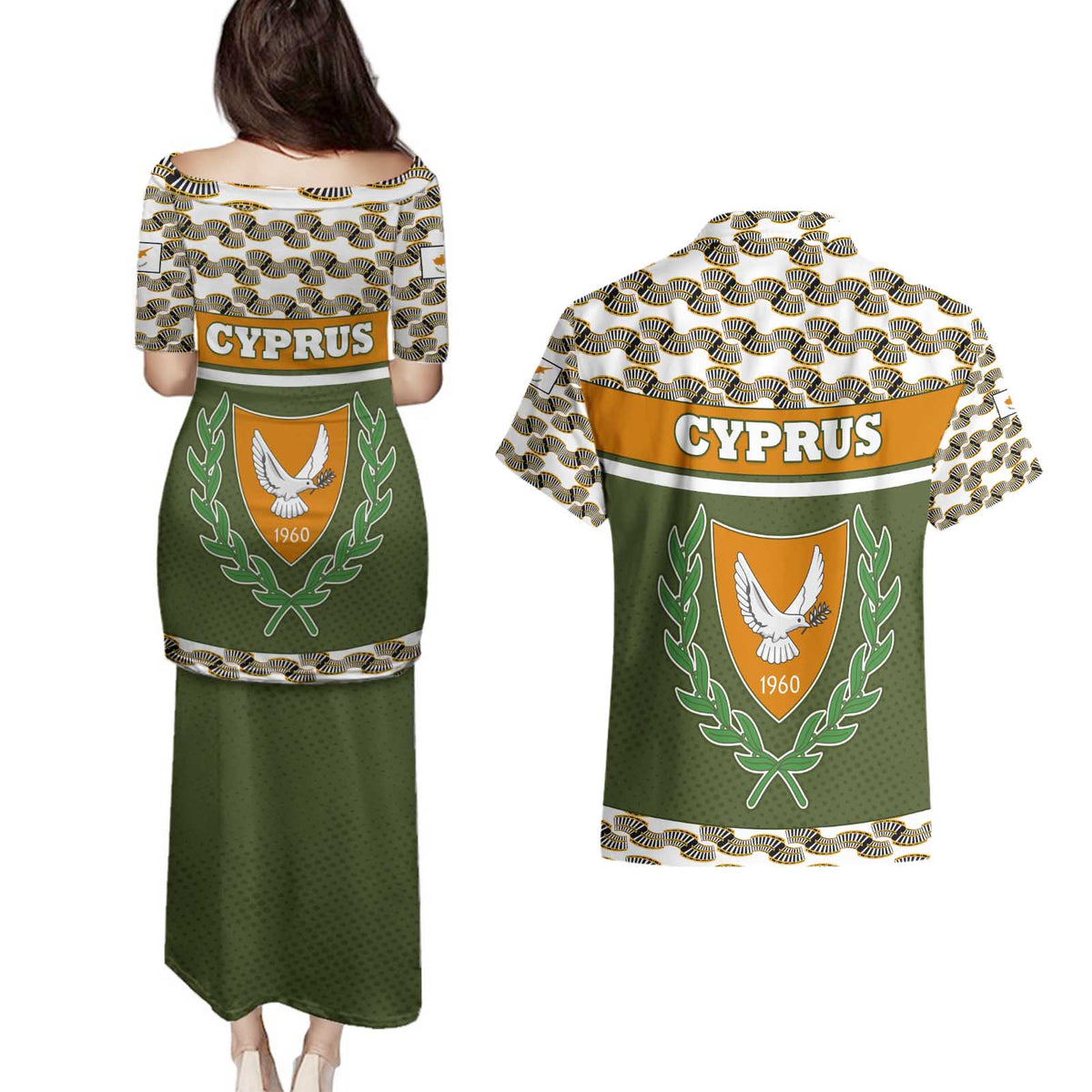 Cyprus Couples Matching Puletasi and Hawaiian Shirt with Cyclamen Flower Illustration Design and National Emblem - Wonder Print Shop