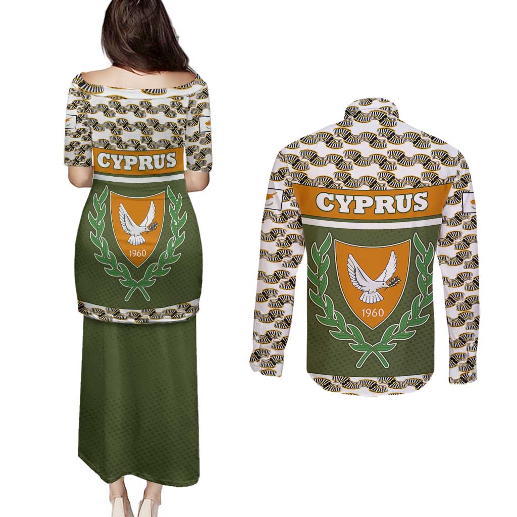 Cyprus Couples Matching Puletasi and Long Sleeve Button Shirt with Cyclamen Flower Illustration Design and National Emblem - Wonder Print Shop