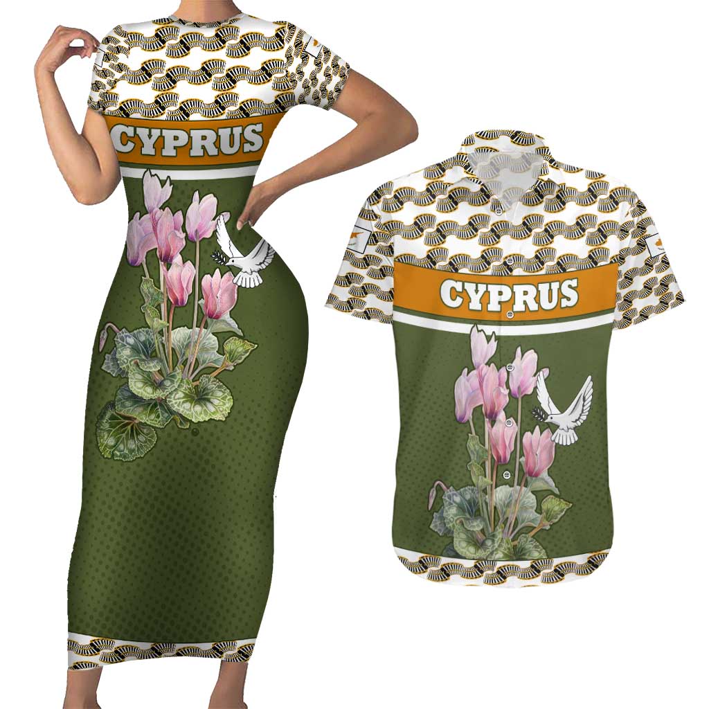 Cyprus Couples Matching Short Sleeve Bodycon Dress and Hawaiian Shirt with Cyclamen Flower Illustration Design and National Emblem - Wonder Print Shop