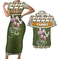 Cyprus Couples Matching Short Sleeve Bodycon Dress and Hawaiian Shirt with Cyclamen Flower Illustration Design and National Emblem - Wonder Print Shop