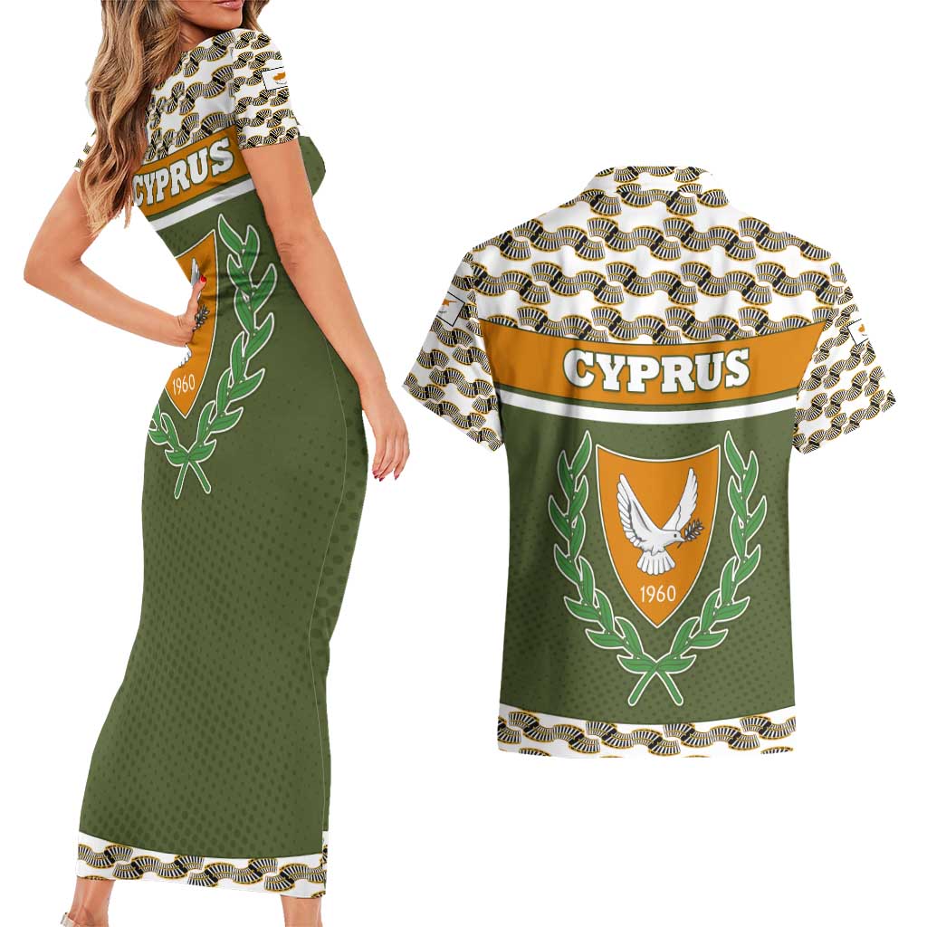 Cyprus Couples Matching Short Sleeve Bodycon Dress and Hawaiian Shirt with Cyclamen Flower Illustration Design and National Emblem - Wonder Print Shop
