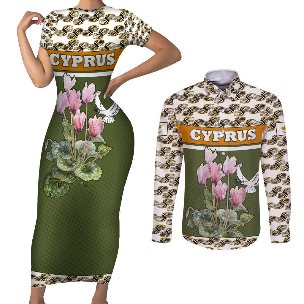 Cyprus Couples Matching Short Sleeve Bodycon Dress and Long Sleeve Button Shirt with Cyclamen Flower Illustration Design and National Emblem - Wonder Print Shop